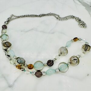 Chico’s Long Necklace Aqua & Amber Glass Metal Beads Versatile Adjustable 32”